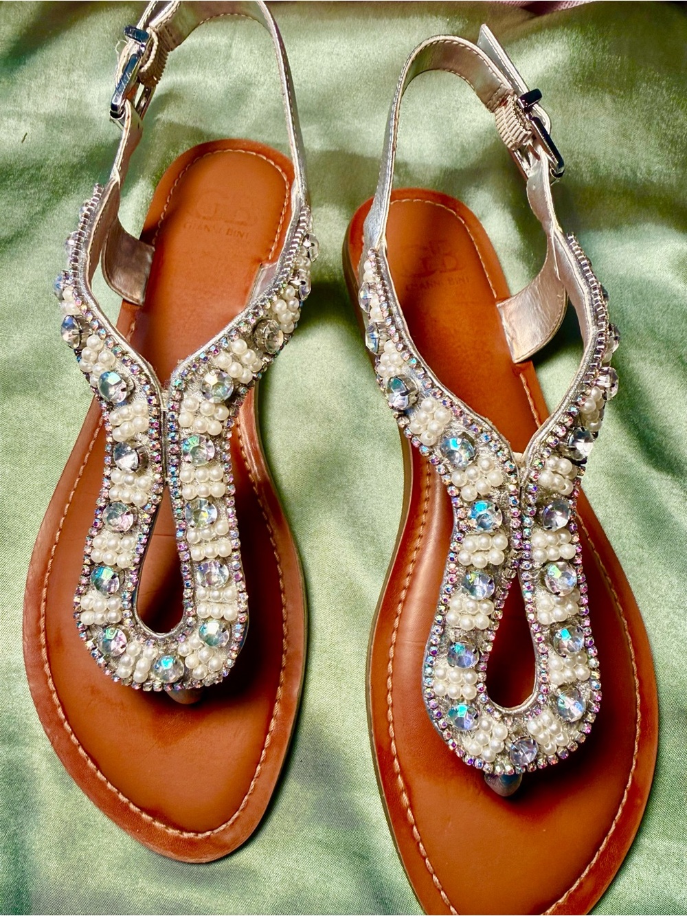 Gianni Bini Pearl and Iridescent Crystal Sandals